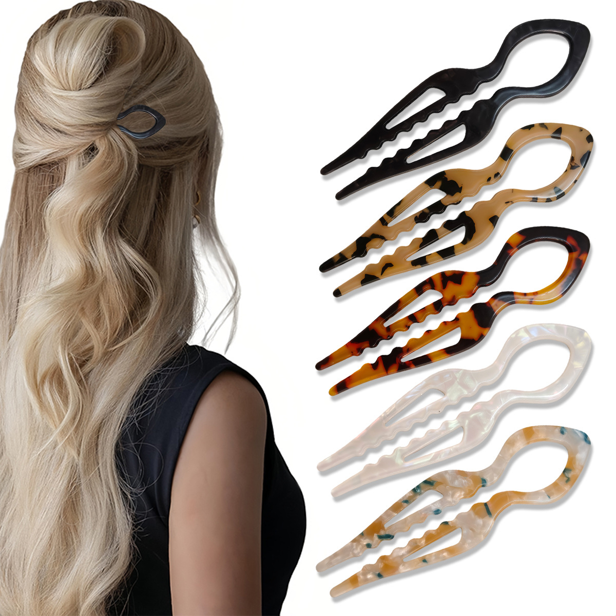Hair Fork Stick - กิ๊บติดผมรูปตัวยู ลายกระดองเต่า อะคริลิก กันลื่น สำหรับผู้หญิง หวีติดผมทรงบัน