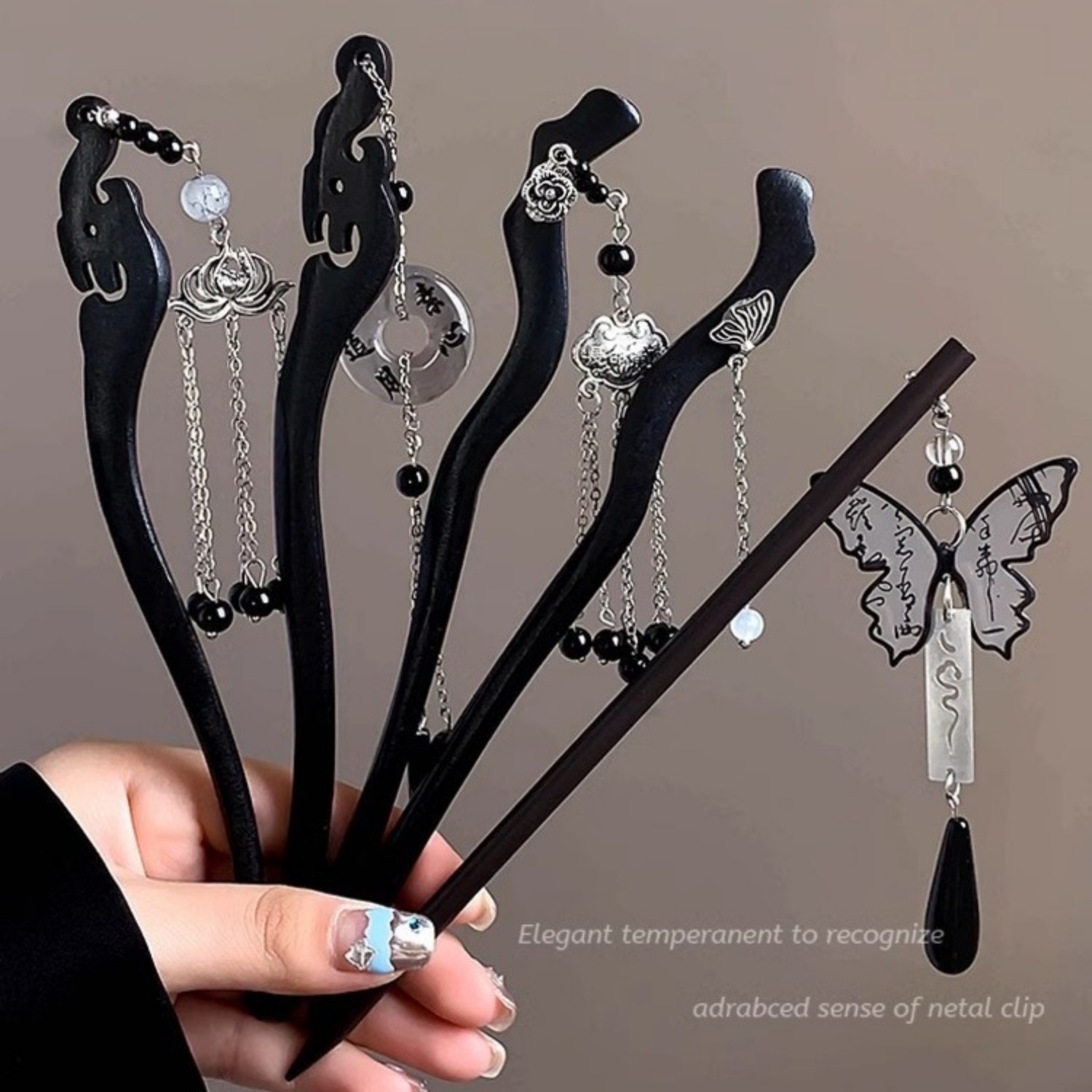 Hair Fork Stick - หรูหราไม้พู่ Hairpin สําหรับผู้หญิง Vintage หมึกผีเสื้อจี้ผมสไตล์จีน Ebony