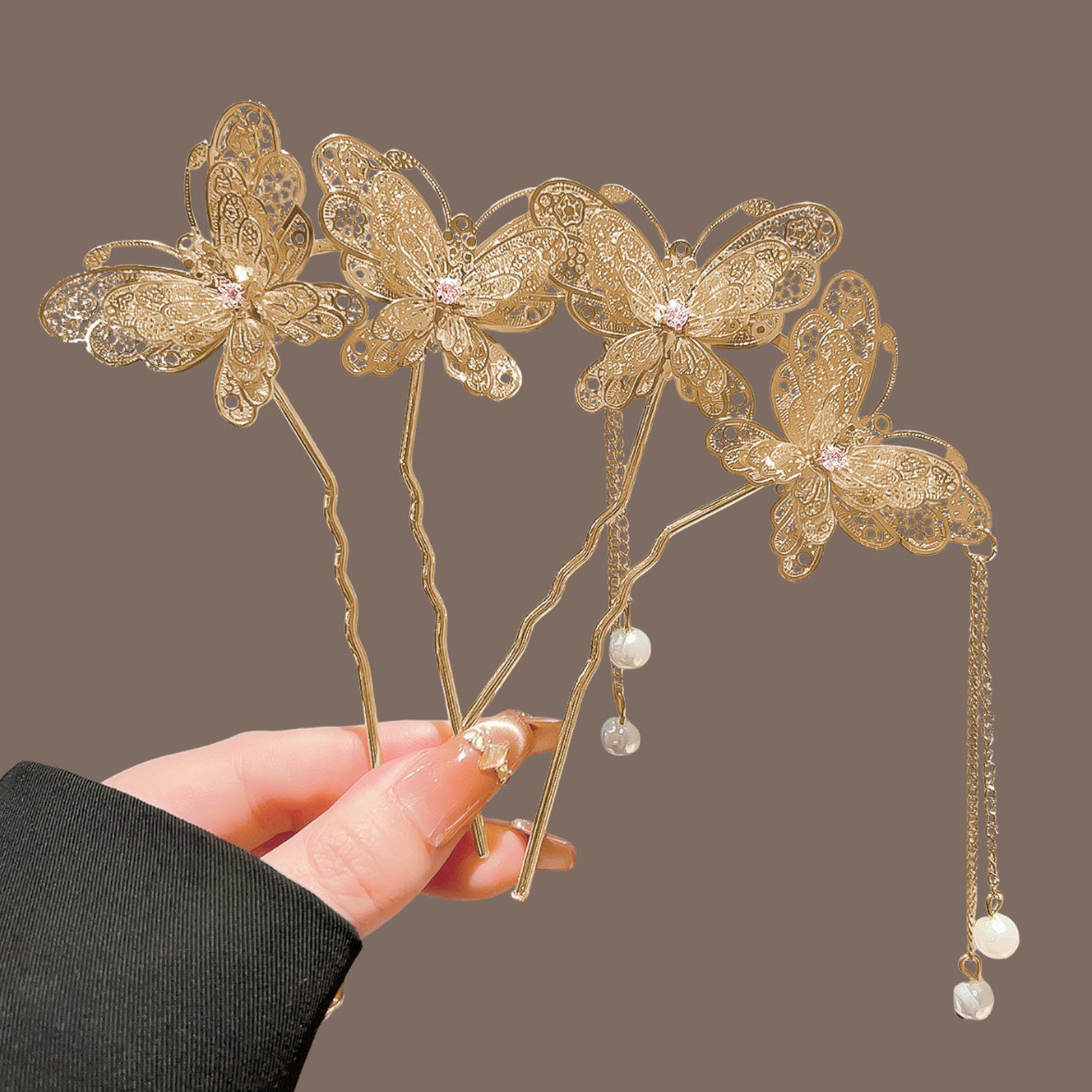 Hair Fork Stick - กิ๊บติดผมพู่ผีเสื้อคู่แบบจีนโบราณ ดีไซน์หรูหรา วัสดุโลหะผสม สไตล์จีนโบราณ สำหรับงานแต่งงาน งานปาร์ตี้