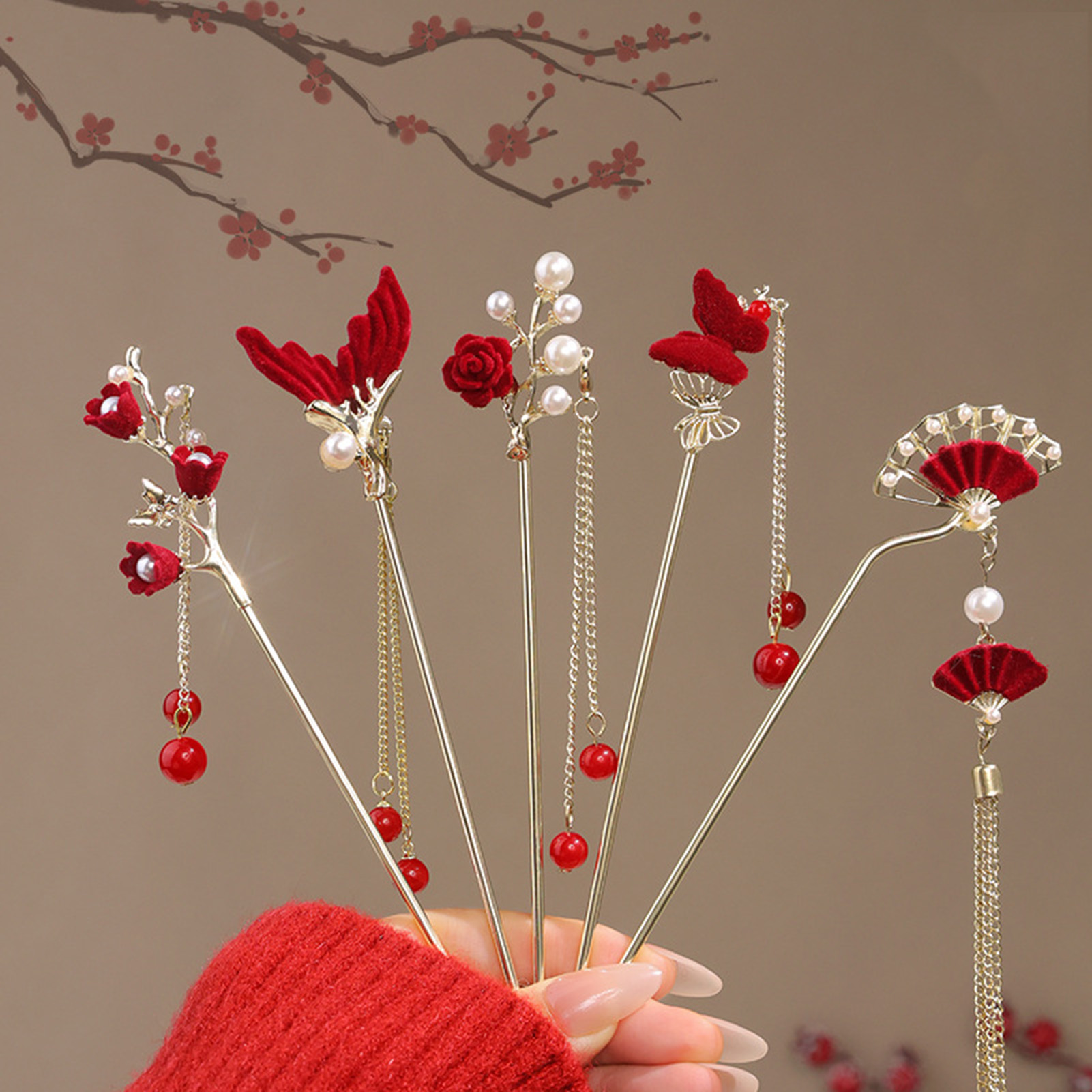 Women'S Red Accessories - กิ๊บติดผมรูปดอกกุหลาบสไตล์จีนสำหรับผู้หญิง หวีดอกไม้สีแดง ทำด้วยมือจากโลหะผสม เครื่องประดับผมสำหรับสาวๆ