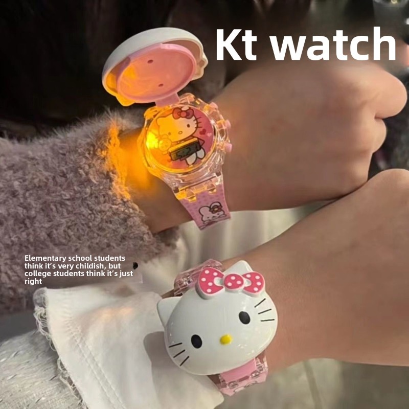 Women'S Accessories To Wear With Watch - นาฬิกาอิเล็กทรอนิกส์แบบพลิกรูปเฮลโล คิตตี้ น่ารัก นาฬิกาฉายภาพดิจิตอลแบบพลิก แฟลชวอทช์ สำหรับผู้หญิงและเด็กผู้หญิง