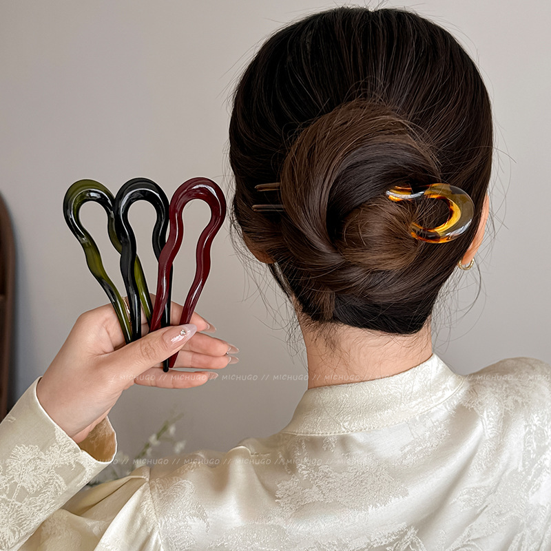 Hair Fork Stick - กิ๊บติดผมรูปตัว U แฟชั่นปี 2026 ลายกระดองเต่าอะซิเตท ดีไซน์เรขาคณิต