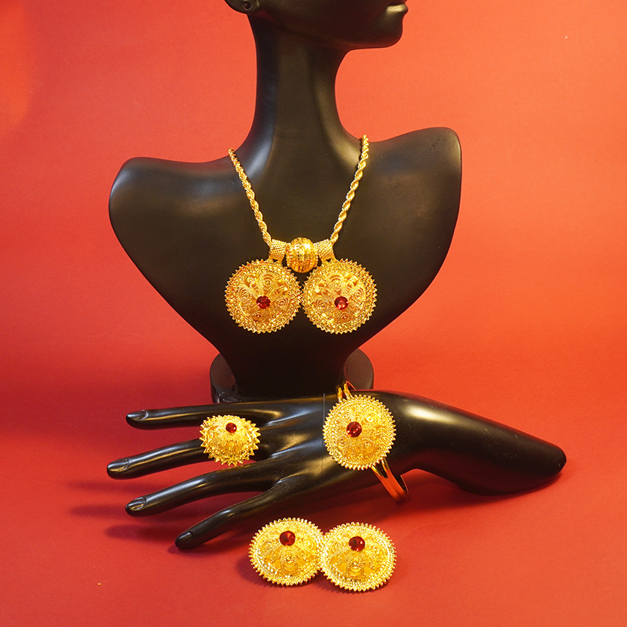 Women'S African Accessories - ต่างหูทองคำ 9999 ดีไซน์ทันสมัยสไตล์เอธิโอเปีย แหวนจี้ขนาดใหญ่ กำไลข้อมือ ชุดเครื่องประดับ