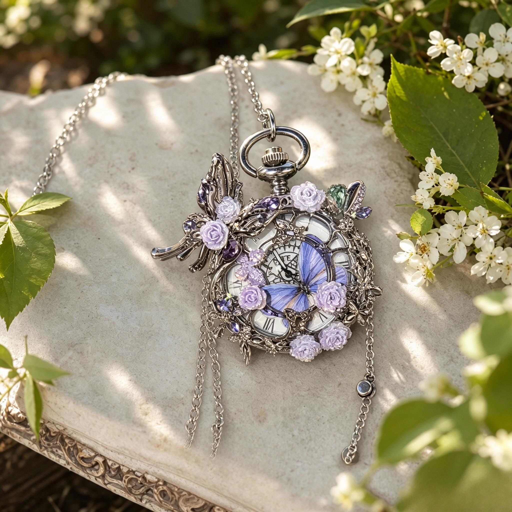 Women'S Accessories To Wear With Watch - นาฬิกาพกแบบสร้อยคอรูปผีเสื้อวินเทจทำมือ พร้อมจี้ดอกกุหลาบสีม่วง ของขวัญเครื่องประดับสำหรับผู้หญิงและคุณแม่ เหมาะสำหรับการสวมใส่ในชีวิตประจำวัน
