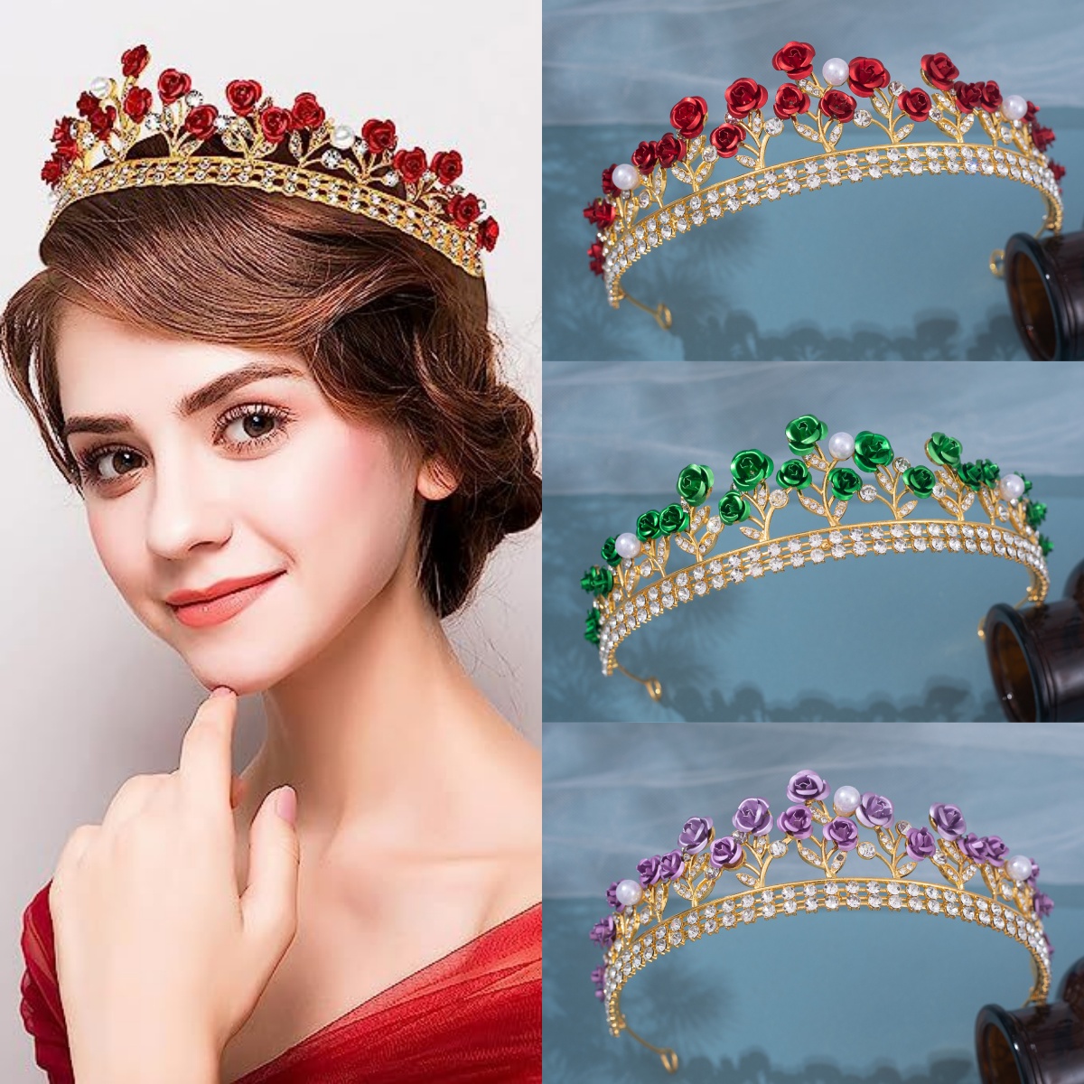 Women'S Vintage Accessories - มงกุฎเจ้าสาวเซรามิกสไตล์บาโรก ประดับคริสตัล ไข่มุก และดอกกุหลาบ พร้อมเพชรเทียม สำหรับงานพรอม
