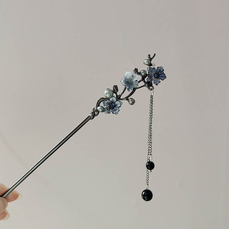 Hair Fork Stick - กิ๊บติดผมแบบคลาสสิก ลายดอกไม้สีหมึก ประดับพู่โลหะ สำหรับผู้หญิง ประดับมุกสีดำ ลูกปัด