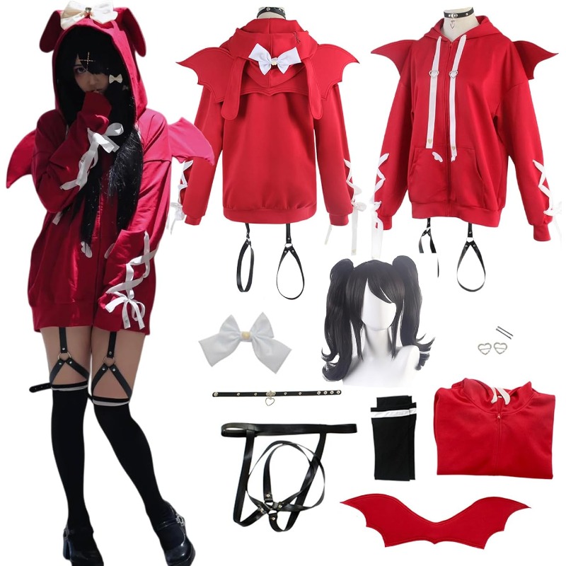 Women'S Red Accessories - ชุดคอสเพลย์เกมเรน อาเมะ แองเคอร์ เกิร์ลส์ เสื้อฮู้ดสีแดงมีปีกปีศาจ พร้อมอุปกรณ์ครบชุดสำหรับผู้หญิง