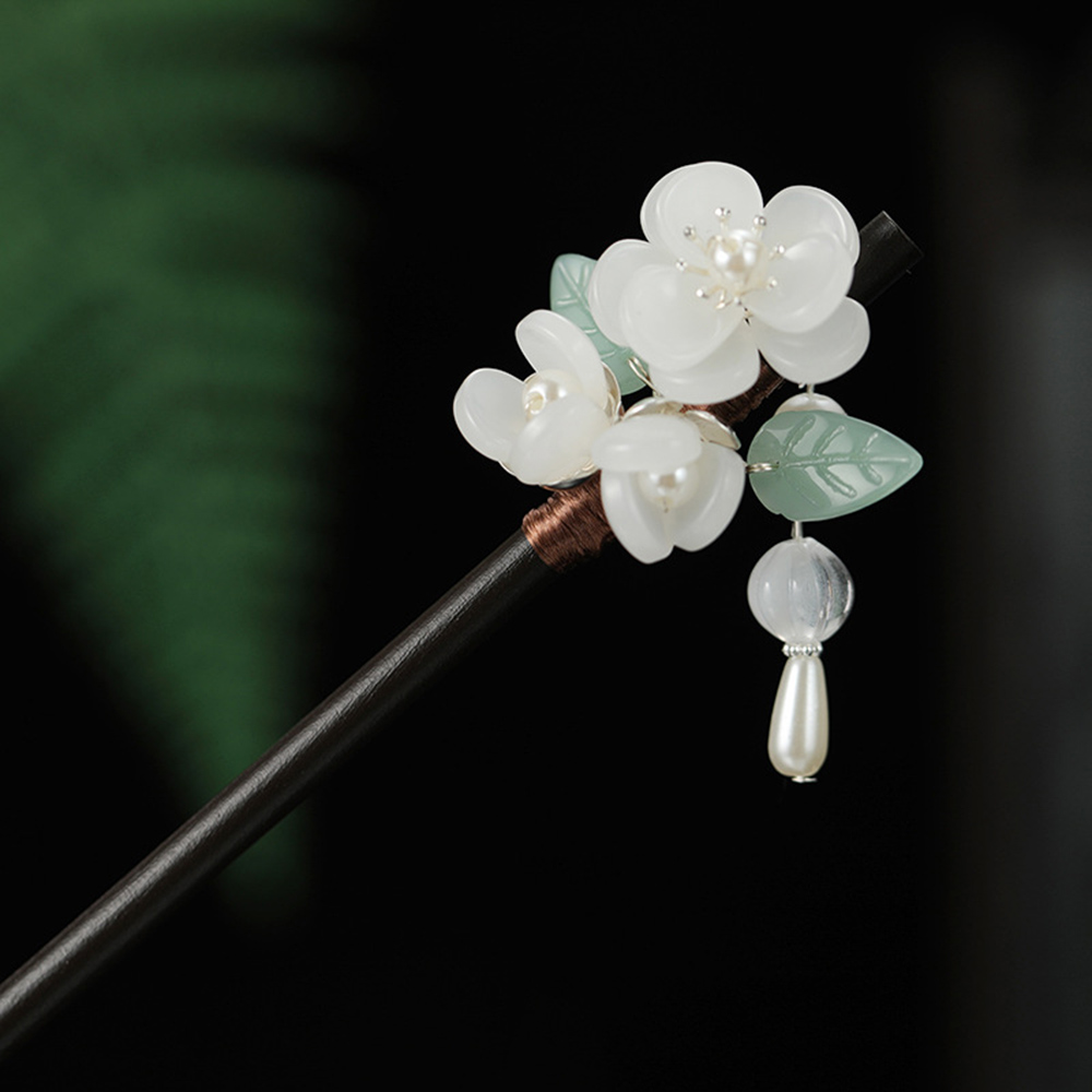 Hair Fork Stick - Retro ดอกไม้ Hairpin ไข่มุกไม้จันทน์พู่ผมตะเกียบสําหรับ Hanfu คอสเพลย์จีน