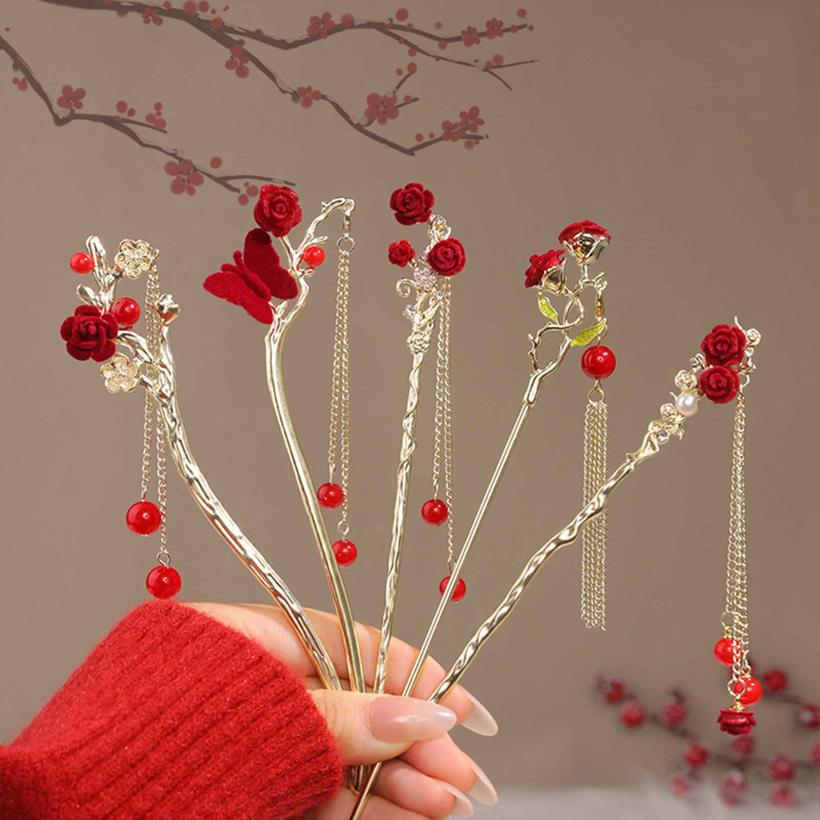 กิ๊บติดผมรูปดอกกุหลาบสไตล์จีนส - Women'S Red Accessories บทวิจารณ์และราคา